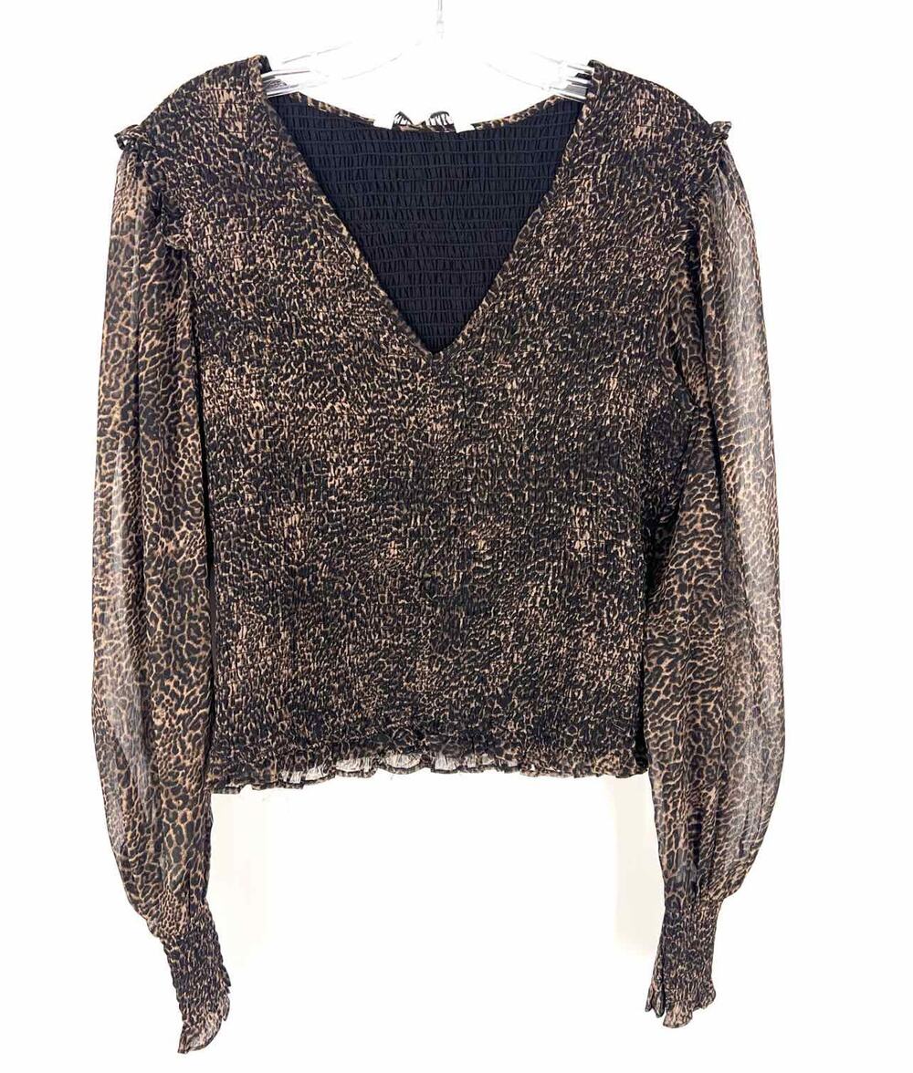 Walter Baker Size L Brown/Black Animal Print Smocked Designer Top-Long Sleeve